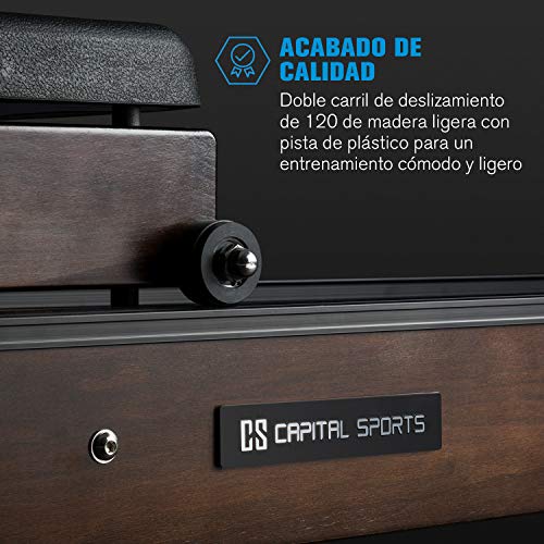 Capital Sports Stoksman 2.0 Remoergómetro - Máquina de Remo, Sillín Estable corredizo, Pantalla LCD, Riel de Doble de Madera, Almacenamiento Compacto Vertical, Refuerzos de Metal, Marrón Oscuro