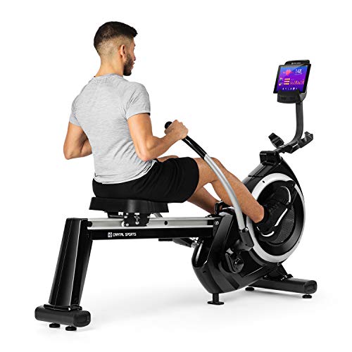 CAPITAL SPORTS The Skyf máquina de remo - Banco de remo , Entrenamiento eficaz , Resistencia magnética de 16 niveles , Rieles de aluminio de 90 cm , Soporte para tablet , Ordenador integrado , Negro