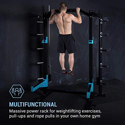 CapitalSports Amazor Basic - Jaula de musculación Multifuncional, hasta 500 Kg, J-Cups para 350 kg, Barra de dominadas para 150 Kg, Ajustable, Acero Revestido en Polvo, Viga de 60 x 60 x 2 mm, Negro