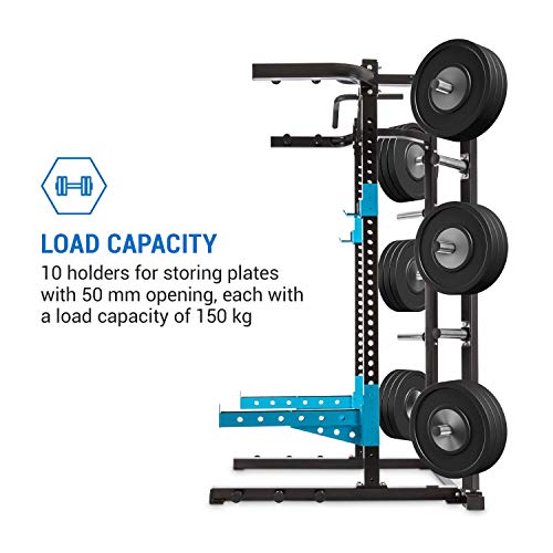 CapitalSports Amazor Basic - Jaula de musculación Multifuncional, hasta 500 Kg, J-Cups para 350 kg, Barra de dominadas para 150 Kg, Ajustable, Acero Revestido en Polvo, Viga de 60 x 60 x 2 mm, Negro