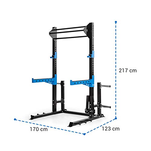 CapitalSports Amazor Eco - Media Jaula de Potencia Multifuncional, Landmine Doble, Barra dominadas, Brazos Seguridad de Altura Regulable, 2 agarres para Barra de Pesas, Revestimiento en Polvo, Negro