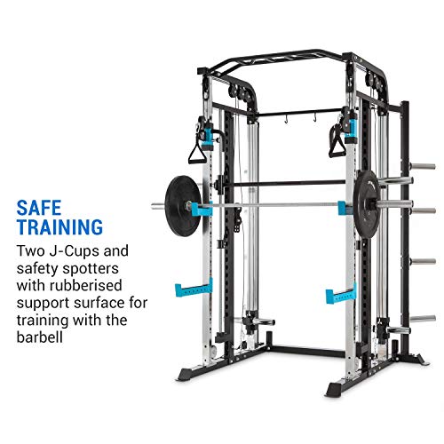 CapitalSports Amazor MasterSmith - Jaula de Potencia Multifuncional, Torre de poleas, Safetu Spotter de 500 Kg, J-Cups para 350 Kg, Barra de dominadas para 150 Kg, Acero Revestido en Polvo, Negro