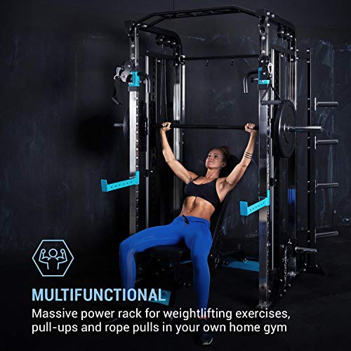 CapitalSports Amazor MasterSmith - Jaula de Potencia Multifuncional, Torre de poleas, Safetu Spotter de 500 Kg, J-Cups para 350 Kg, Barra de dominadas para 150 Kg, Acero Revestido en Polvo, Negro