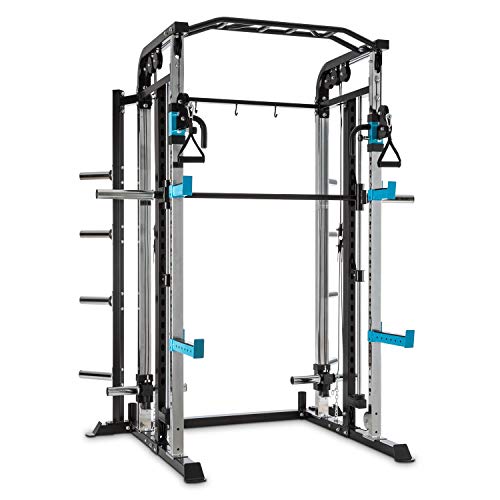 CapitalSports Amazor MasterSmith - Jaula de Potencia Multifuncional, Torre de poleas, Safetu Spotter de 500 Kg, J-Cups para 350 Kg, Barra de dominadas para 150 Kg, Acero Revestido en Polvo, Negro