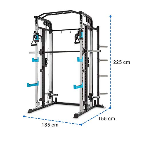 CapitalSports Amazor MasterSmith - Jaula de Potencia Multifuncional, Torre de poleas, Safetu Spotter de 500 Kg, J-Cups para 350 Kg, Barra de dominadas para 150 Kg, Acero Revestido en Polvo, Negro