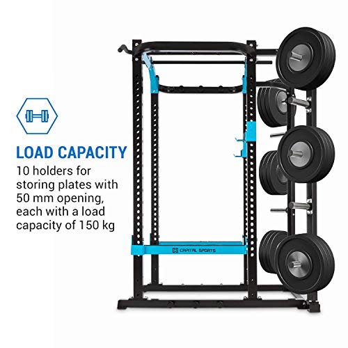 CapitalSports Amazor Pro - Jaula de musculación Multifuncional, hasta 500 kg, J-Cups para 350 kg, Monkey Bars para 200 kg, Barra de dominadas para 150 kg, Ajustable, Acero Revestido en Polvo, Negro