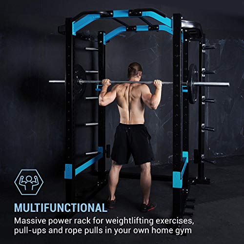 CapitalSports Amazor Pro - Jaula de musculación Multifuncional, hasta 500 kg, J-Cups para 350 kg, Monkey Bars para 200 kg, Barra de dominadas para 150 kg, Ajustable, Acero Revestido en Polvo, Negro