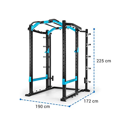 CapitalSports Amazor Pro - Jaula de musculación Multifuncional, hasta 500 kg, J-Cups para 350 kg, Monkey Bars para 200 kg, Barra de dominadas para 150 kg, Ajustable, Acero Revestido en Polvo, Negro