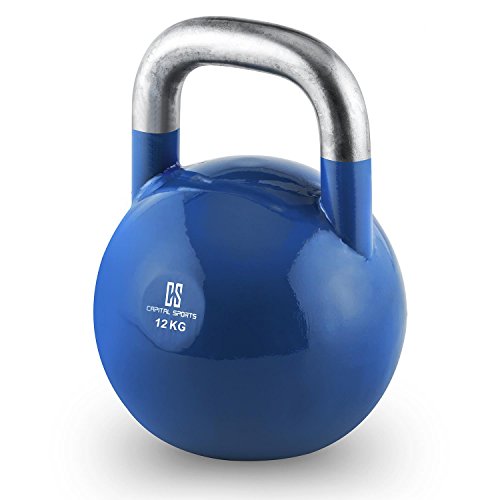 CapitalSports Compket 12 Pesa Rusa de competición (12kg Peso, Bola de Acero, Mango Suave, Base alisada, Adecuado para Uso al Aire Libre, indicador de Kilos, Kettlebell Color Azul)