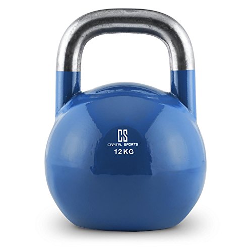 CapitalSports Compket 12 Pesa Rusa de competición (12kg Peso, Bola de Acero, Mango Suave, Base alisada, Adecuado para Uso al Aire Libre, indicador de Kilos, Kettlebell Color Azul)