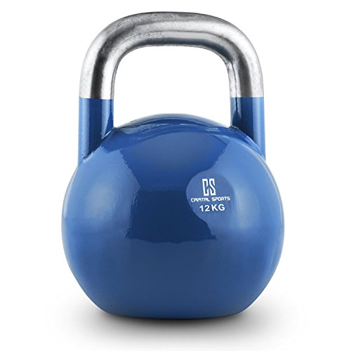 CapitalSports Compket 12 Pesa Rusa de competición (12kg Peso, Bola de Acero, Mango Suave, Base alisada, Adecuado para Uso al Aire Libre, indicador de Kilos, Kettlebell Color Azul)