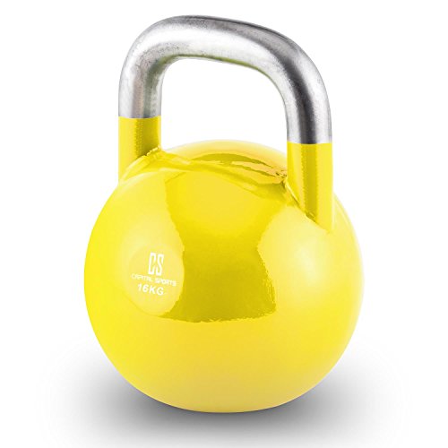 CapitalSports Compket 16 Pesa Rusa de competición (16kg Peso, Bola de Acero, Mango Suave, Base alisada, Adecuado para Uso al Aire Libre, indicador de Kilos, Kettlebell Color Amarillo)