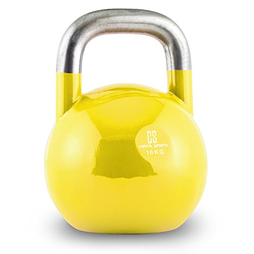 CapitalSports Compket 16 Pesa Rusa de competición (16kg Peso, Bola de Acero, Mango Suave, Base alisada, Adecuado para Uso al Aire Libre, indicador de Kilos, Kettlebell Color Amarillo)