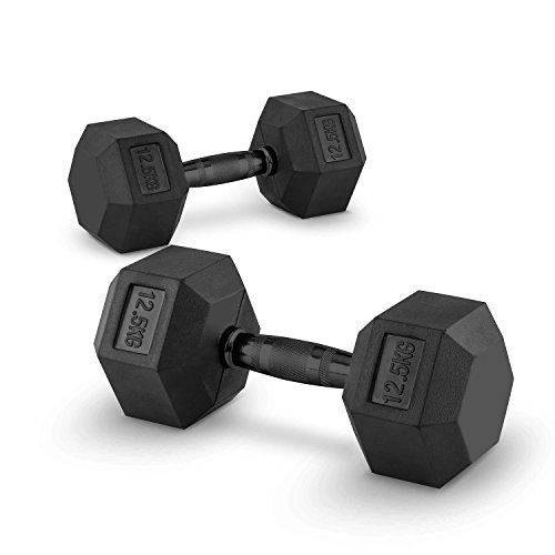 CapitalSports Hexbell Dumbbell Par de Pesas 2 x 12,5 kg (recubiertas de Resistente Goma Dura, Barra de Acero Negro con estrías, máxima sujeción, Peso indicado para facil reconocimiento)