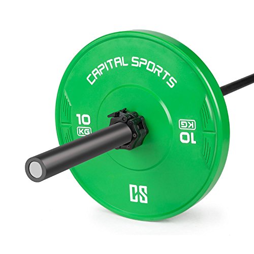 CapitalSports Nipton - Discos de Peso, Discos para Barras, Goma endurecida, 10 kg, Dimensiones de competición, Orificio estándar de 50,4 mm para Todo Tipo de Barras, Verde