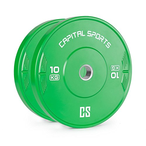 CapitalSports Nipton - Discos de Peso, Discos para Barras, Goma endurecida, 10 kg, Dimensiones de competición, Orificio estándar de 50,4 mm para Todo Tipo de Barras, Verde