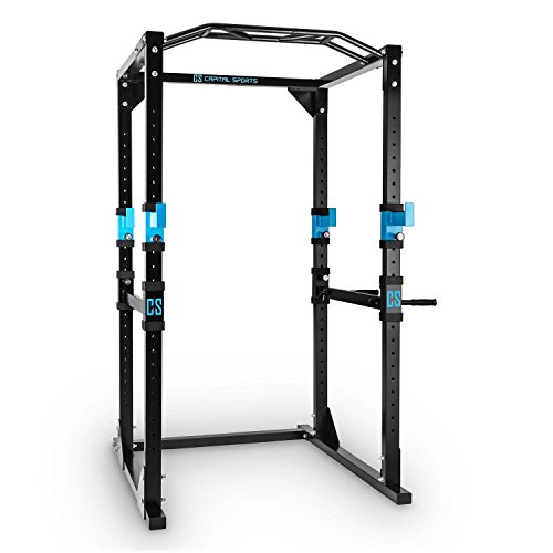 CapitalSports Tremendour Jaula de musculación (Acero, Soportes Seguridad, 4 Ganchos en J, Barra multiagarre, Barras paralelas Desmontables, Pesas, Press, Flexiones) - Azul