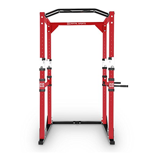 CapitalSports Tremendour Jaula de musculación en casa (Acero canteado, Profesional, multiagarre, Flexiones, paralelas, Soporte Seguridad, Sentadillas, 4 Ganchos en J) - Rojo