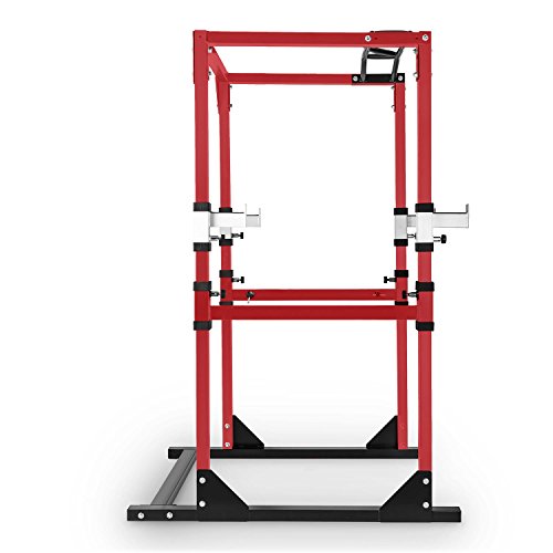 CapitalSports Tremendour Jaula de musculación en casa (Acero canteado, Profesional, multiagarre, Flexiones, paralelas, Soporte Seguridad, Sentadillas, 4 Ganchos en J) - Rojo