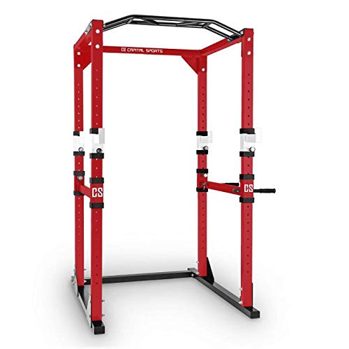 CapitalSports Tremendour Jaula de musculación en casa (Acero canteado, Profesional, multiagarre, Flexiones, paralelas, Soporte Seguridad, Sentadillas, 4 Ganchos en J) - Rojo