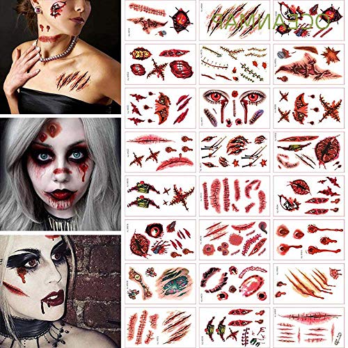 Cara de Halloween 3DTemporary engomada del tatuaje, zombi cicatriz falsa herida sangrante de Cosplay del partido de la mascarada de la broma Prop Decoraciones, maquillaje a prueba de agua,100pcs