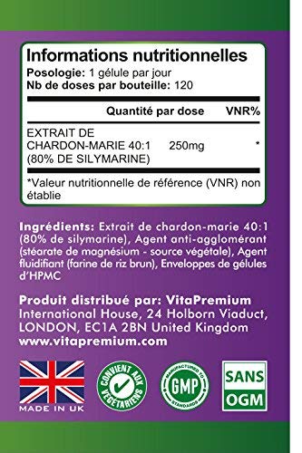 Cardo Mariano 250mg, 120 Cápsulas, Extracto de Silimarina 80%, Limpiador y Desintoxicante Natural del Hígado, Ayuda a Que el Hígado Desarrolle sus Funciones de Forma Normal, Estimula la Digestión