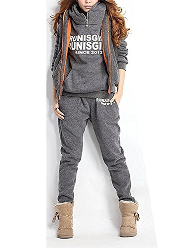 CARINACOCO Mujer 3pcs Chándal Encapuchada Casual Conjuntos Deportivos Otoño Invierno Sudadera con capucha Sweatshirt + Hoodie Chaqueta Chaleco + Pantalones Gris L