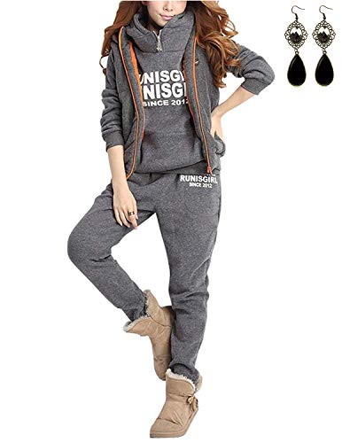 CARINACOCO Mujer 3pcs Chándal Encapuchada Casual Conjuntos Deportivos Otoño Invierno Sudadera con capucha Sweatshirt + Hoodie Chaqueta Chaleco + Pantalones Gris L