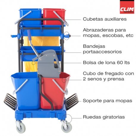 Carro de limpieza multifunción completo CLIMPRO. Carro de limpieza profesional COMPLETO con doble cubo con prensa, cubos auxiliares, lona extragrande, tapadera, ruedas y robusta estructura de acero