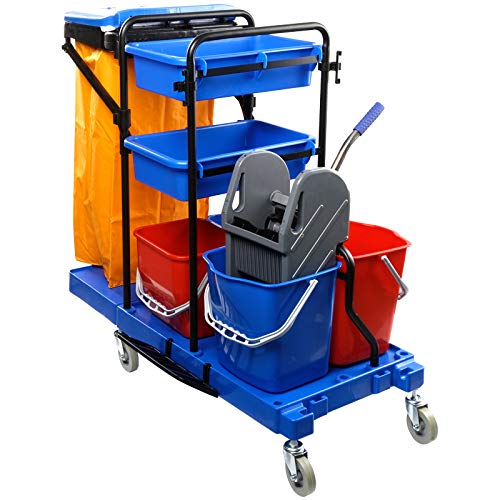 Carro de limpieza multifunción completo CLIMPRO. Carro de limpieza profesional COMPLETO con doble cubo con prensa, cubos auxiliares, lona extragrande, tapadera, ruedas y robusta estructura de acero