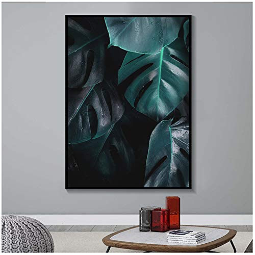 Carteles e impresiones Arte de la pared Naturaleza Tropical Hoja de palma Monstera Lienzo Pintura nórdica para sala de estar Inicio-50x70cm (19.7"x27.6") Con marco