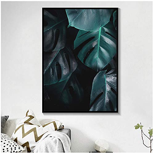 Carteles e impresiones Arte de la pared Naturaleza Tropical Hoja de palma Monstera Lienzo Pintura nórdica para sala de estar Inicio-50x70cm (19.7"x27.6") Con marco