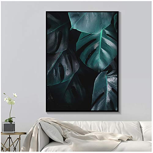 Carteles e impresiones Arte de la pared Naturaleza Tropical Hoja de palma Monstera Lienzo Pintura nórdica para sala de estar Inicio-50x70cm (19.7"x27.6") Con marco