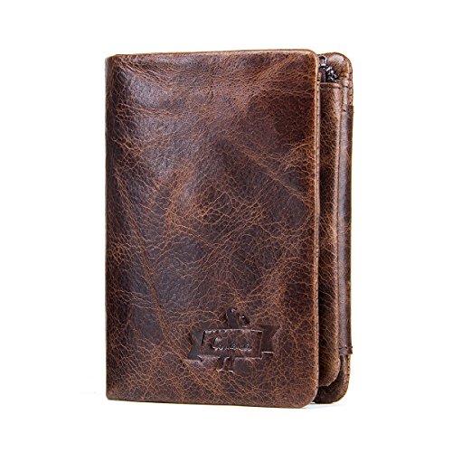 Cartera de cuero genuino de Contacts para hombre, plegable, tríptica, monedero, color marrón oscuro