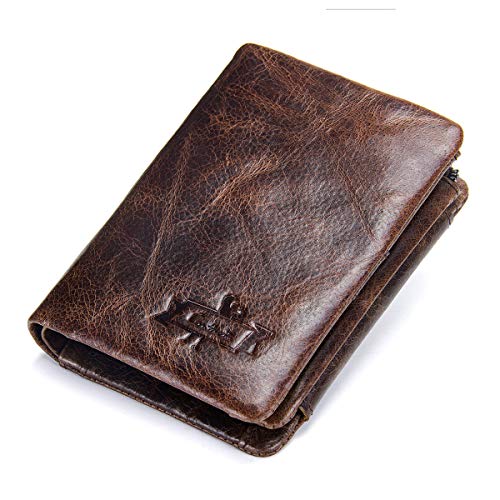 Cartera de cuero genuino de Contacts para hombre, plegable, tríptica, monedero, color marrón oscuro