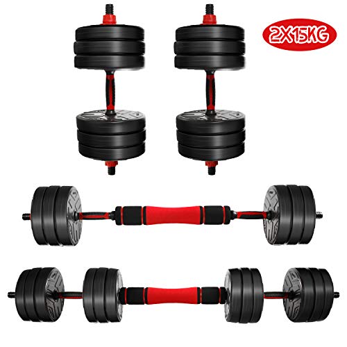 CCLIFE Mancuernas Ajustables con Pesas Barra y Discos 20/30 / 40KG Mancuernas 2en1, Color:2 x 15 KG,Negra,con Barra