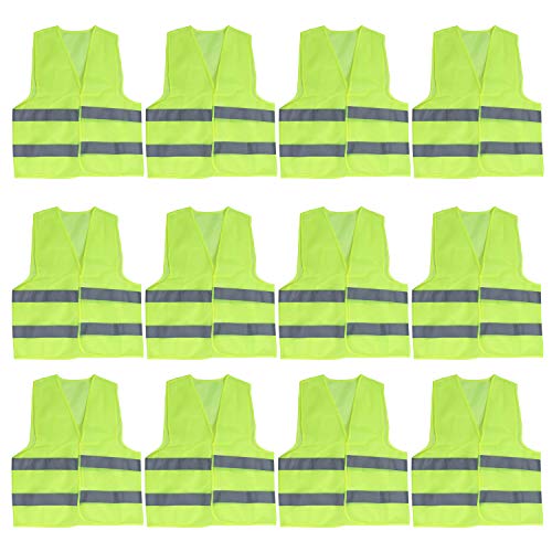 Chaleco Alta Visibilidad (Pack de 12) - Grande (54x67cm) Chaleco Seguridad Amarillo con Tiras Grises Reflectantes para Correr, Ciclismo, Agente de Tránsito, Seguridad, Hombres y Mujeres, Policía