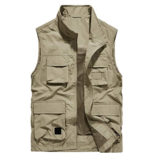 Chaleco Cómoda montañismo de Verano al Aire Libre multibolsillo de los Hombres de Seda de Hielo Fino fotografía de Pesca de Gran tamaño Suelta Escalada Chaqueta (Color : Khaki, Size : 4XL)