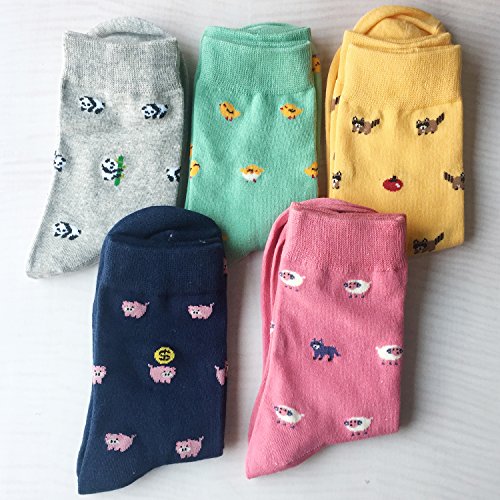 Chalier Pack de 5 Calcetines Mujer Divertidos Originales Animales Lindos Estampados Ocasionales de Algodón para Niña y Mujer