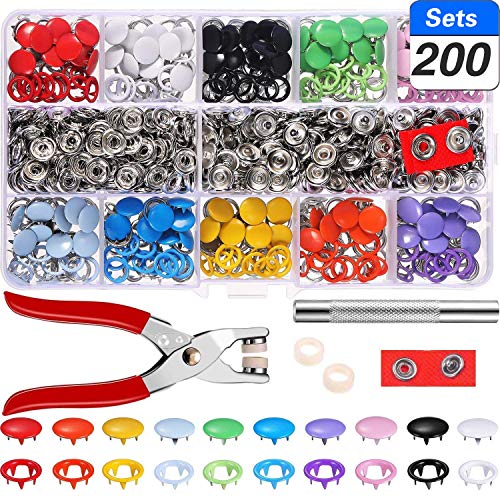 Chantwon Juego de 200 Botones de presión Huecos, Juego de Traje, alicates, Hebilla, Anillo de Metal, para Ropa Infantil de bebé, 9,5 mm, 10 Colores