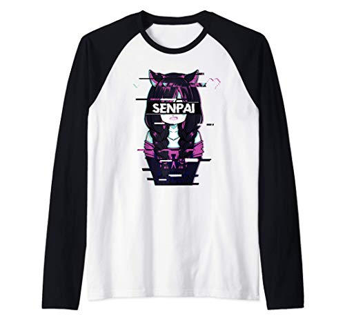 Chica Gato Anime Japonesa - Fíjate en mi Vaporware Senpai Camiseta Manga Raglan