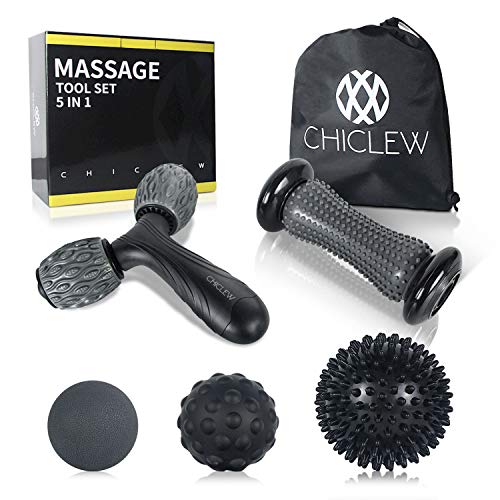 Chiclew Bola Masaje Set de 5 - Rodillo Masaje Pies, Foam Roller Masaje de Y, y 3 Diferentes Tipo Pelota Masaje, Masajeador para Liberación Miofascial, Alivio de Tejido Profundo y Muscular