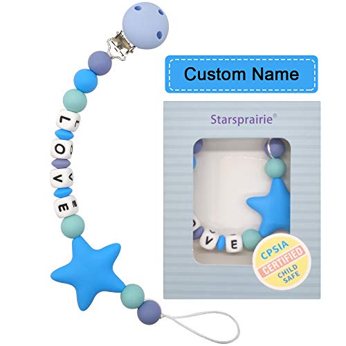 Chupetero Mordedor Personalizado con Nombre Niño Bebe Chupetero Cadena Pinza Silicona Soothie Clip Chupete Chicas (Azul)