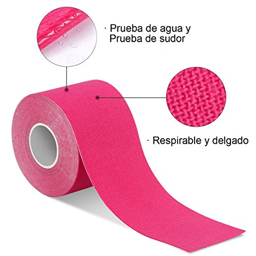 Cinta Kinesiología, Kinesiología Tape, Cinta quinesiológica, cinta de soporte, rollo de 5m x 5cm, elástico e impermeable para el cuello espalda hombros brazos muñecas muslos tobillos y rodillas