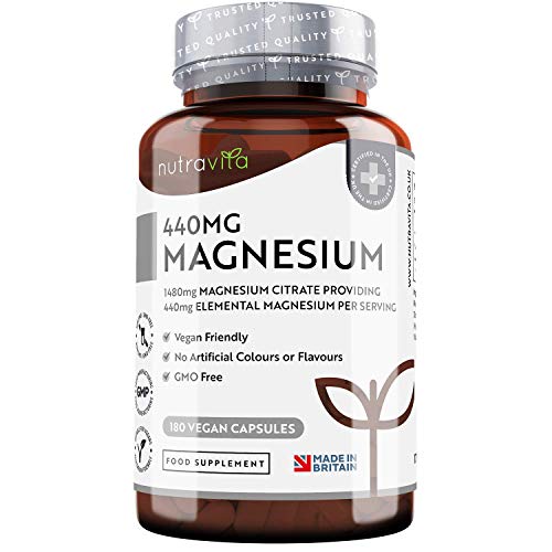 Citrato de Magnesio 1480mg que Proporciona 440mg Alta Dosis de Magnesio Elemental - Alta Biodisponibilidad - 180 Cápsulas Veganos - Suministro 90 Días - Fabricado en el Reino Unido por Nutravita