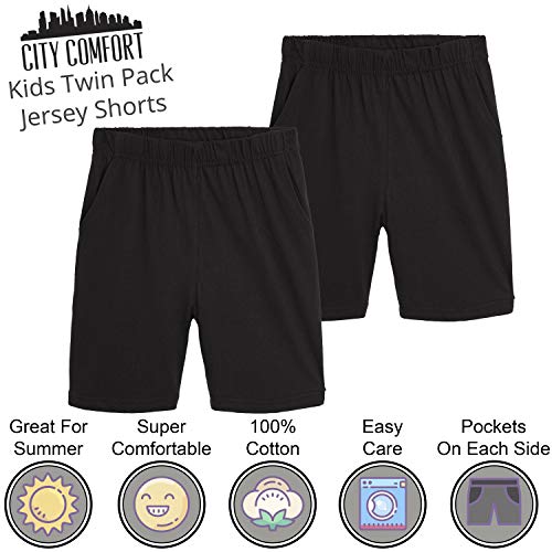 CityComfort Conjunto 2 Pantalones Cortos para niños | Paquete Doble en Azul Marino y carbón o Gris y Negro con Bolsillos para Deportes, Lounge, fútbol, Gimnasio (7/8 años, Negro y Negro)