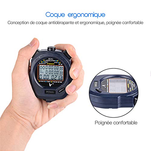 CkeyiN-Cronómetro ，Cronómetro Digital Deportivo Profesional ，Cronómetro Temporizador Portátil ,Con Gran Pantalla Lcd ，Tres Filas De 60 Memorias De Vuelta Contra Correr Temporizador /Negro