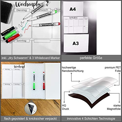Clever Gadgeds - Planificador semanal magnético + 3 rotuladores para pizarra blanca y esponja, 38 cm x 26 cm, lavable, para nevera, planeta de fitness, planeta magnético
