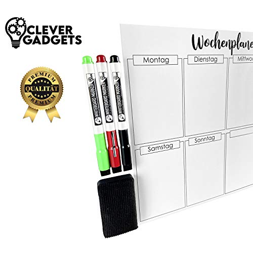 Clever Gadgeds - Planificador semanal magnético + 3 rotuladores para pizarra blanca y esponja, 38 cm x 26 cm, lavable, para nevera, planeta de fitness, planeta magnético