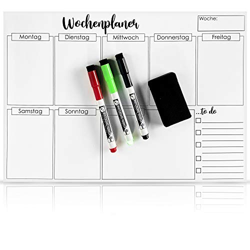 Clever Gadgeds - Planificador semanal magnético + 3 rotuladores para pizarra blanca y esponja, 38 cm x 26 cm, lavable, para nevera, planeta de fitness, planeta magnético